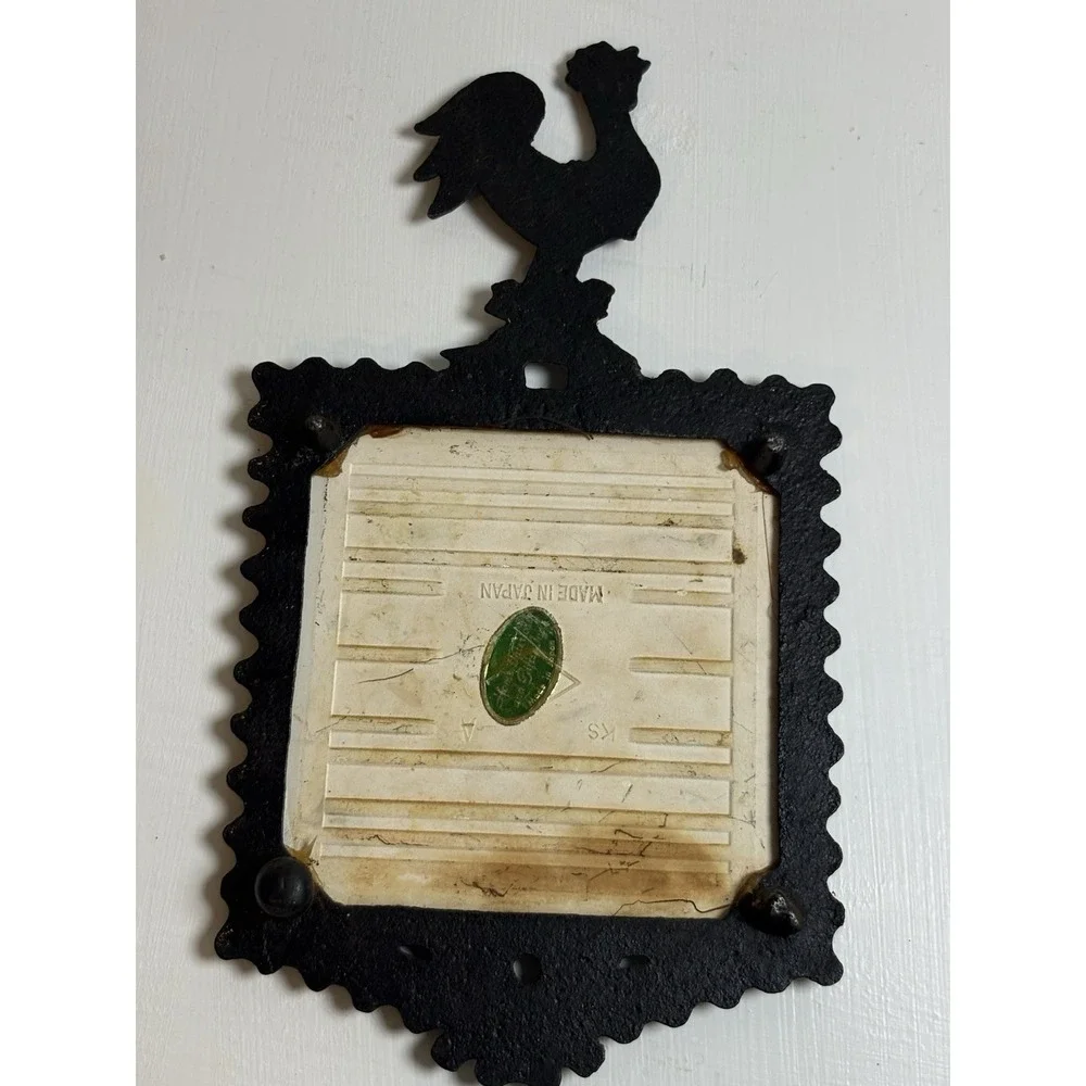 Vintage Japan Cast Iron Rooster Trivet Wall Plaque Ceramic Tile Spinning Wheel
